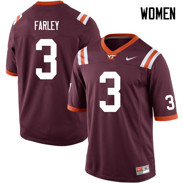 Women #3 Caleb Farley Virginia Tech Hokies College Football Jerseys Sale-Maroon